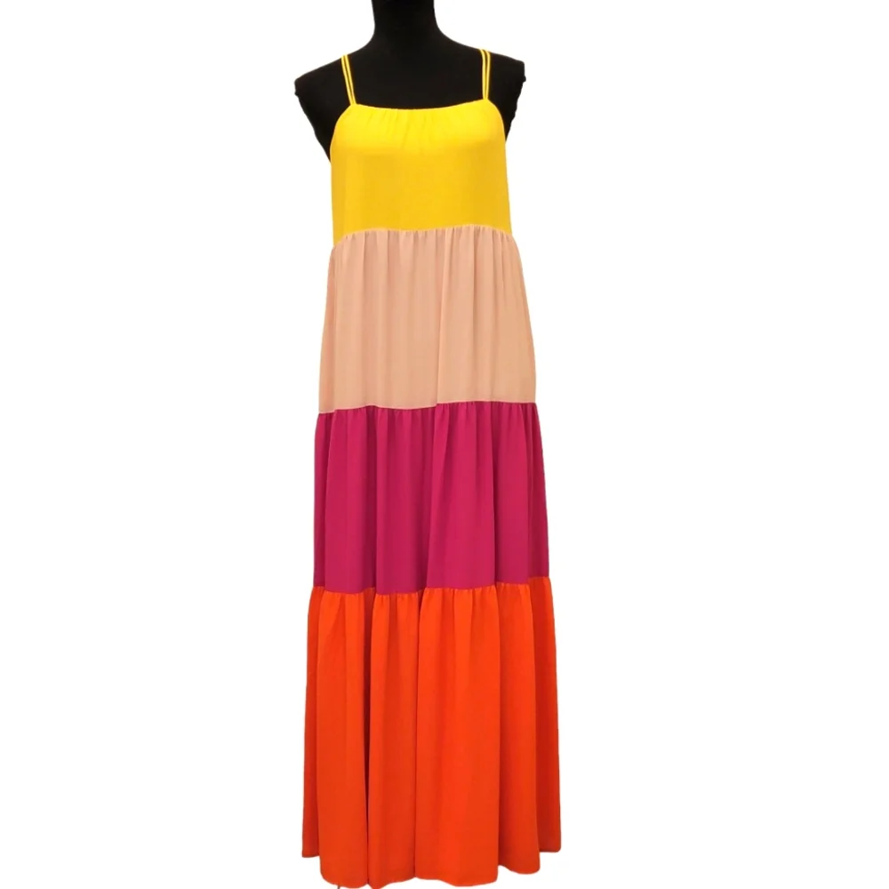 Express Tiered Spaghetti Straps Kriss Kross Back Colorblock Maxi Dress